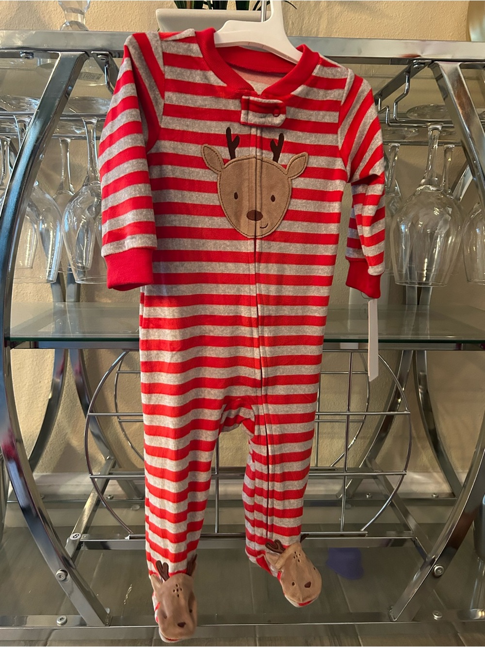 Carter's Red and Gray Striped Reindeer Footed One-Piece